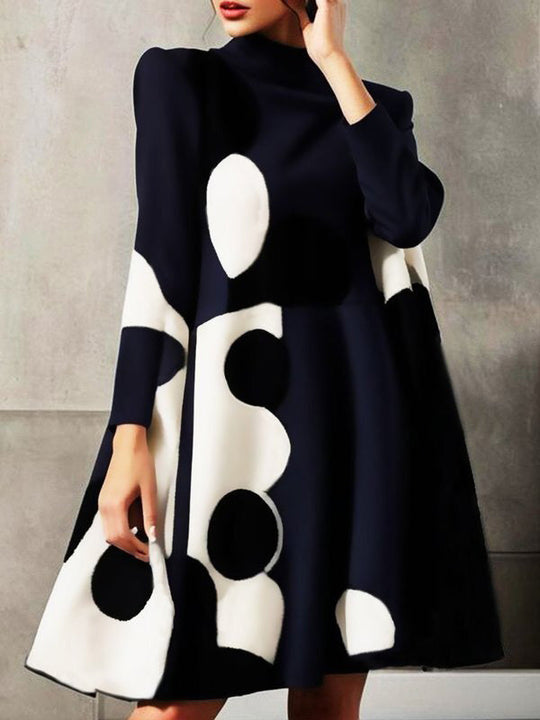 A-Line Long Sleeves Polka-Dot Split-Joint Mock Neck Mini Dresses